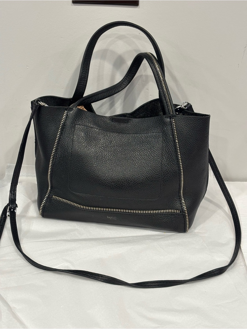 Botkier Black Pebbled Leather Crossbody Tote with Silver Zippers